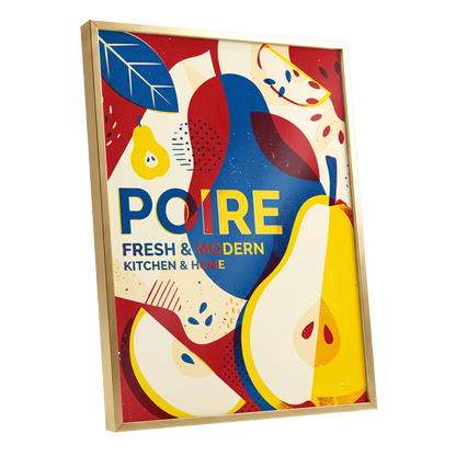 Modernist Pears, red, blue, yellow nature wall art shown as a gold framed poster wall art print
