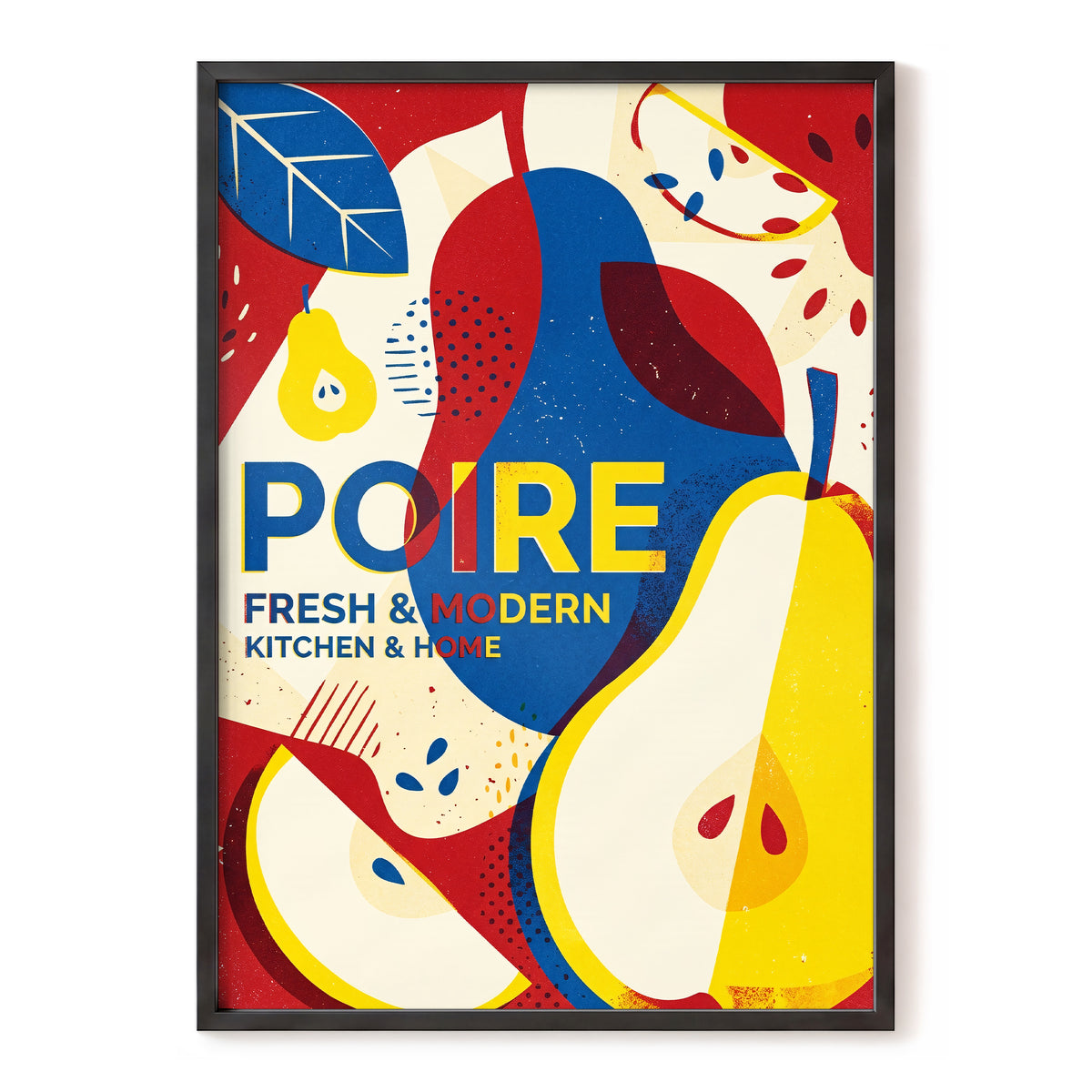 Modernist Pears, red, blue, yellow nature wall art, front artwork view