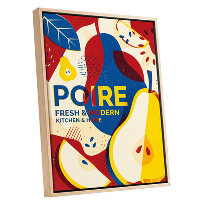 Modernist Pears, red, blue, yellow nature wall art shown as a oak framed canvas wall art