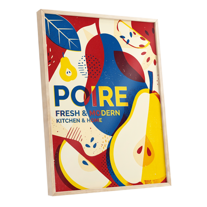 Modernist Pears, red, blue, yellow nature wall art shown as a oak framed poster wall art print