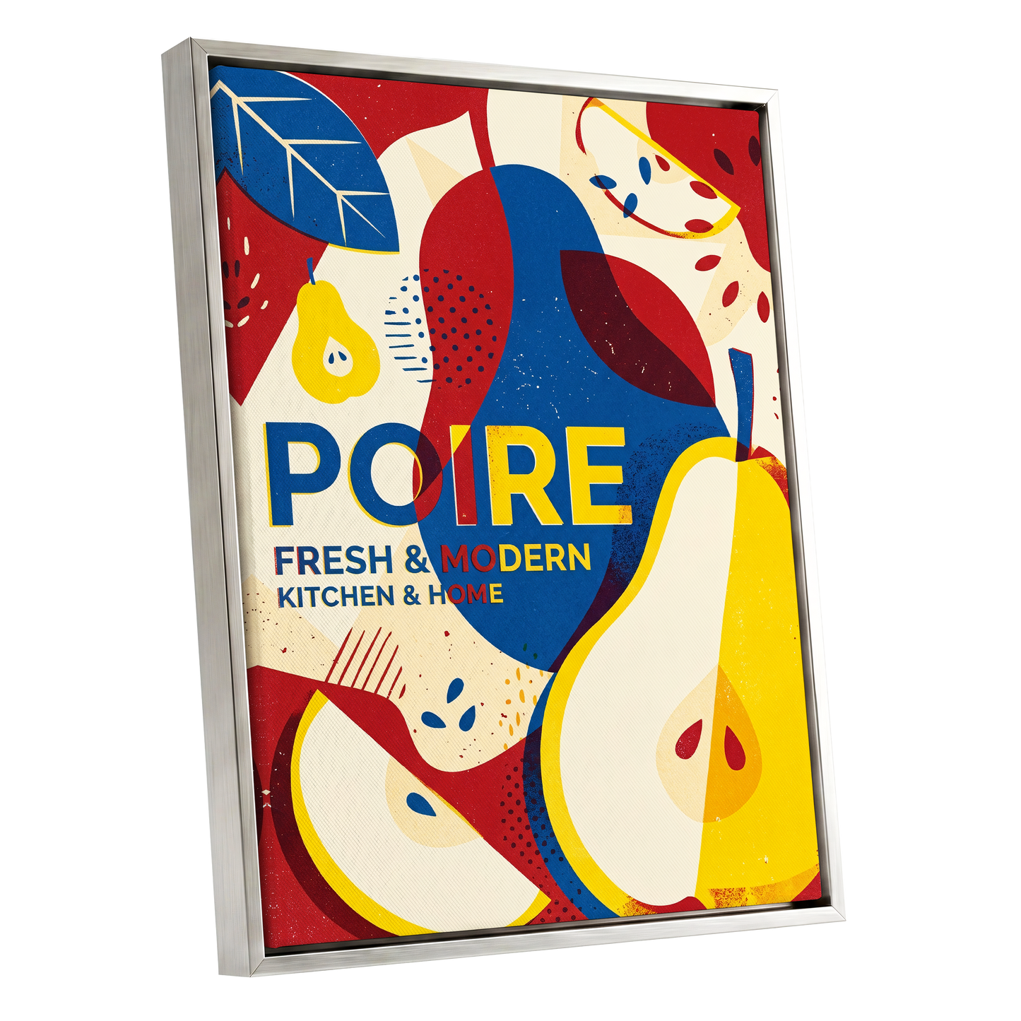 Modernist Pears, red, blue, yellow nature wall art shown as a silver framed canvas wall art