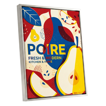 Modernist Pears, red, blue, yellow nature wall art shown as a silver framed canvas wall art