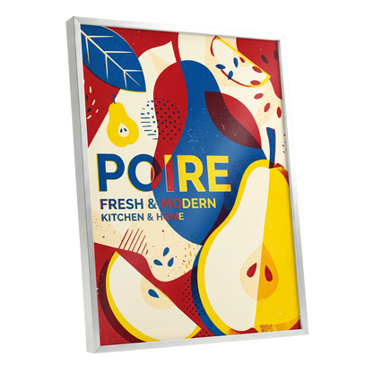 Modernist Pears, red, blue, yellow nature wall art shown as a silver framed poster wall art print