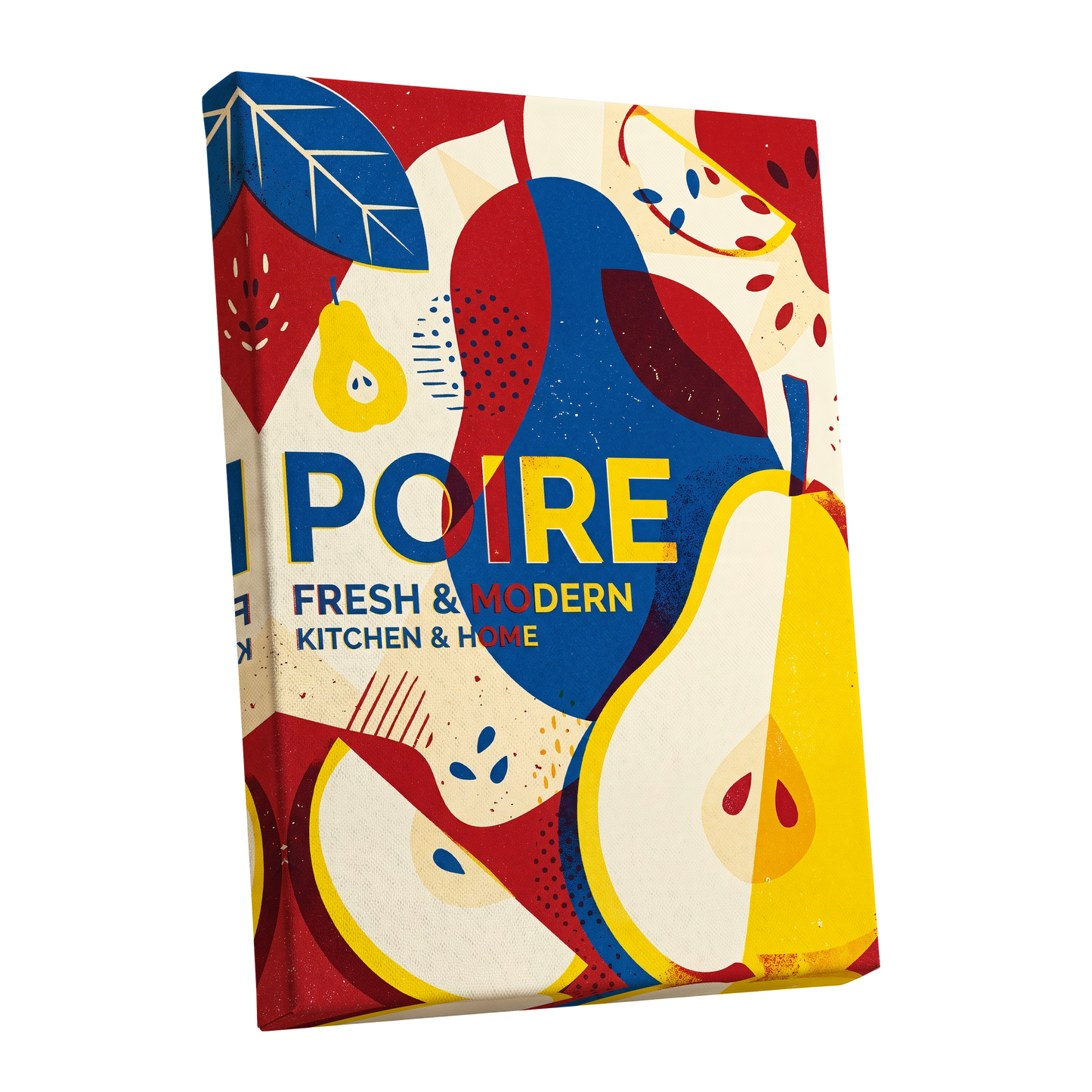 Modernist Pears, red, blue, yellow nature wall art shown as a stretched canvas wall art
