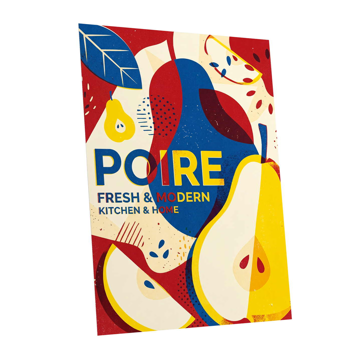Modernist Pears, red, blue, yellow nature wall art shown as a unframed poster wall art print