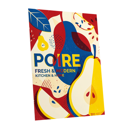 Modernist Pears, red, blue, yellow nature wall art shown as a unframed poster wall art print