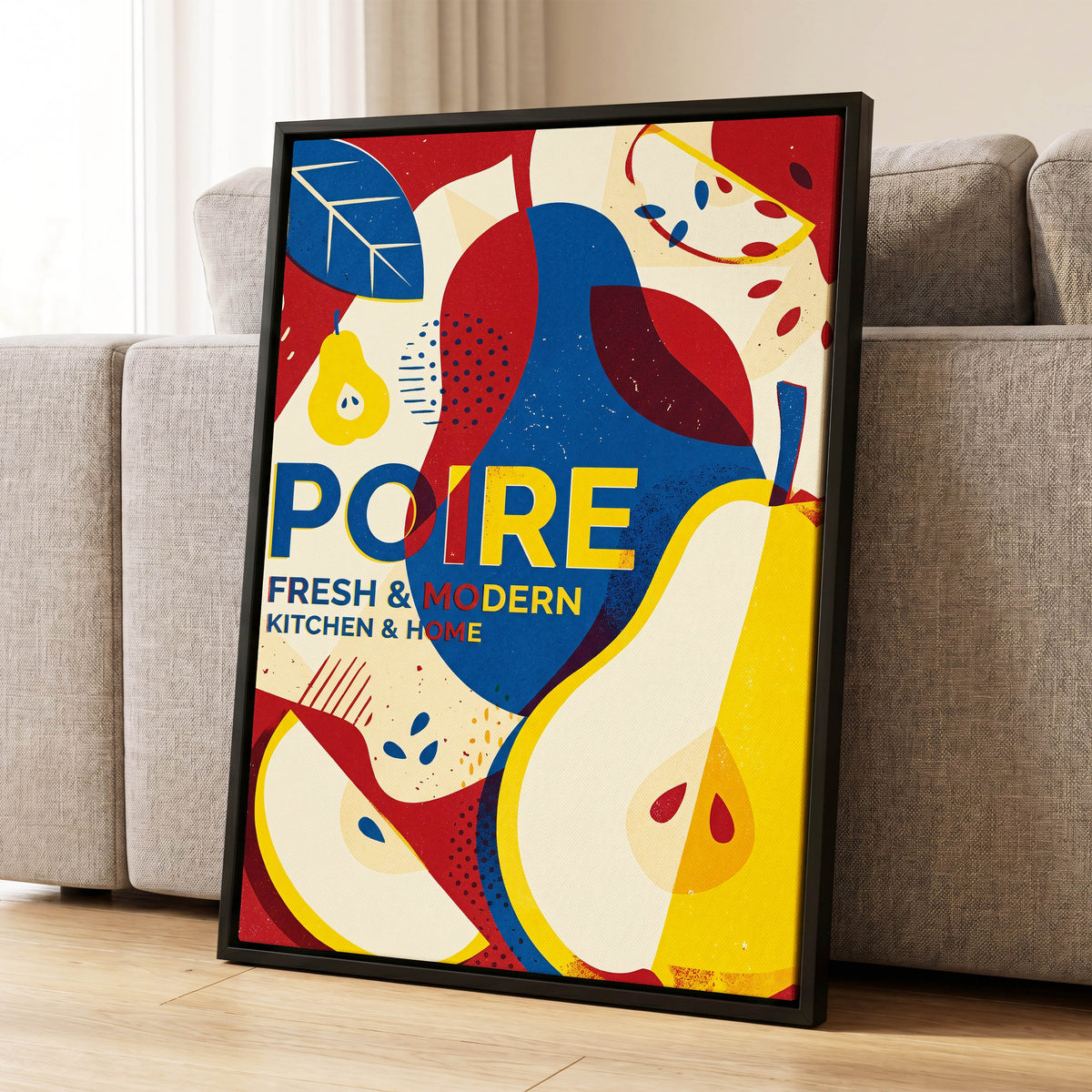 Modernist Pears, red, blue, yellow nature wall art displayed in a styled interior, gallery view 1