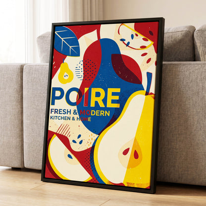 Modernist Pears, red, blue, yellow nature wall art displayed in a styled interior, gallery view 1