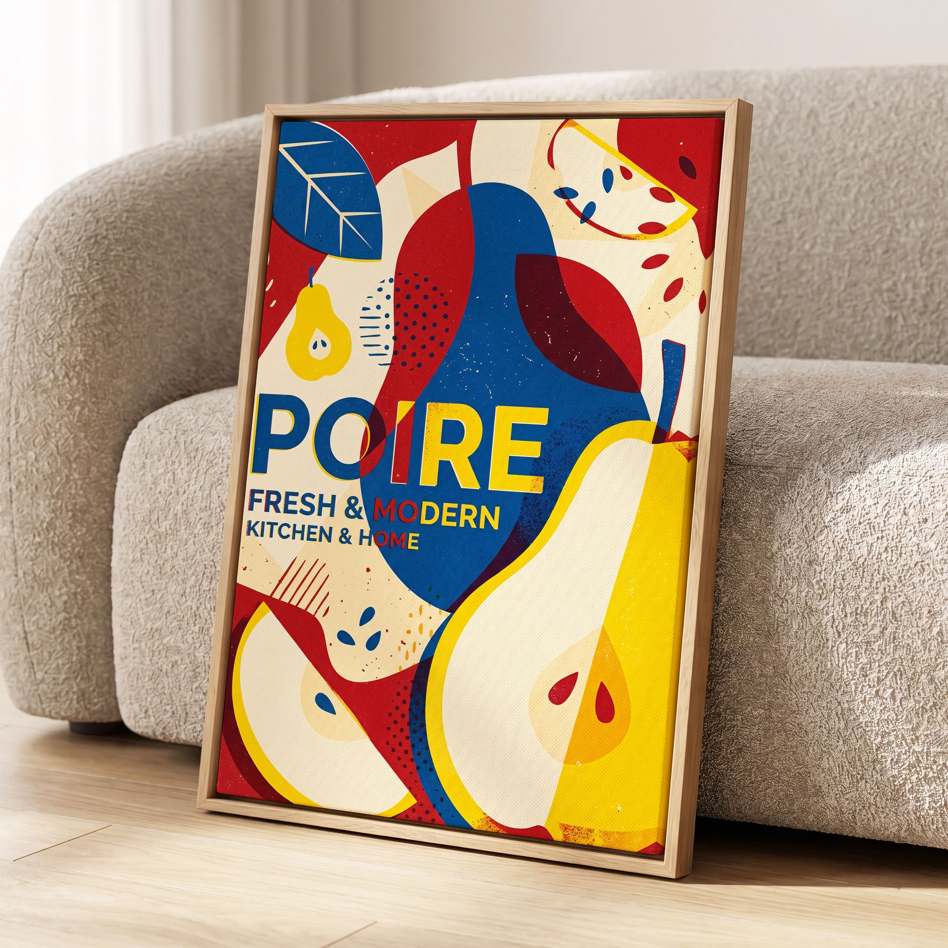 Modernist Pears, red, blue, yellow nature wall art displayed in a styled interior, gallery view 2