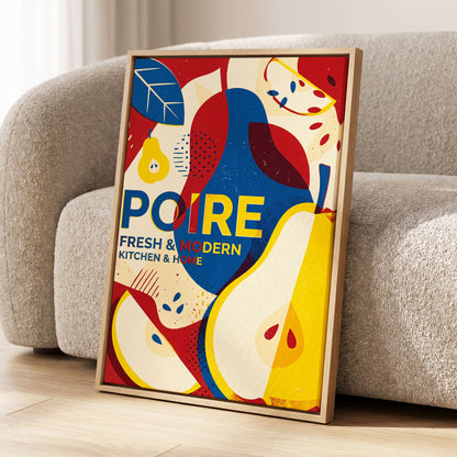 Modernist Pears, red, blue, yellow nature wall art displayed in a styled interior, gallery view 2