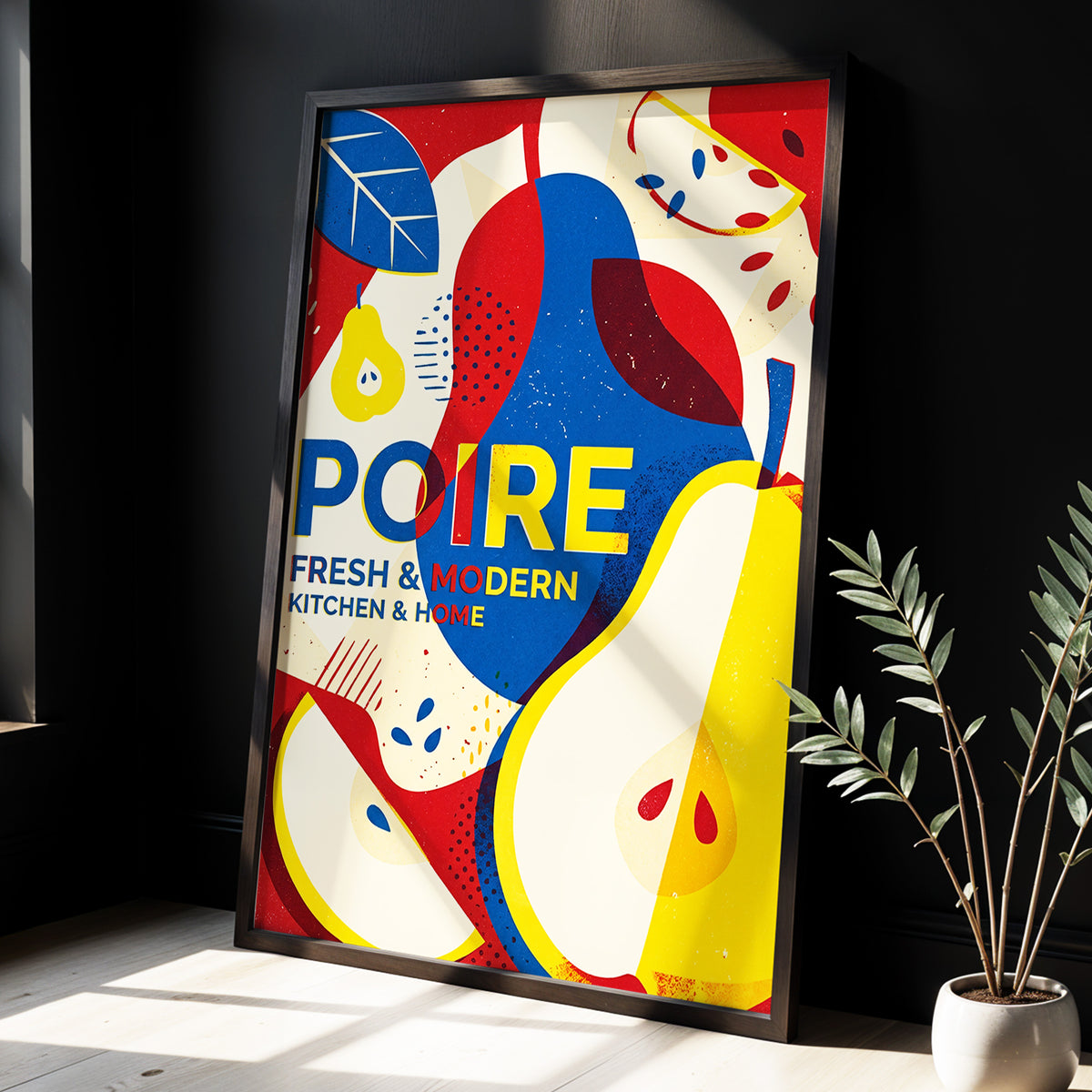 Modernist Pears, red, blue, yellow nature wall art displayed in a styled interior, gallery view 3