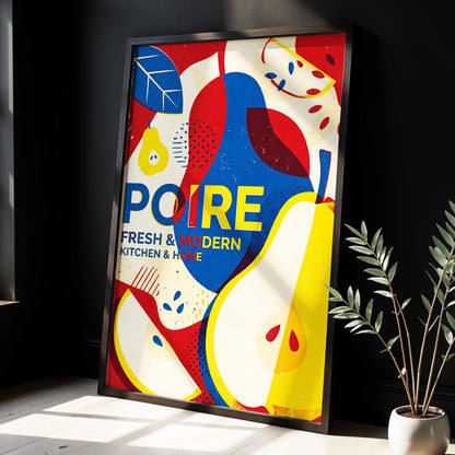 Modernist Pears, red, blue, yellow nature wall art displayed in a styled interior, gallery view 3