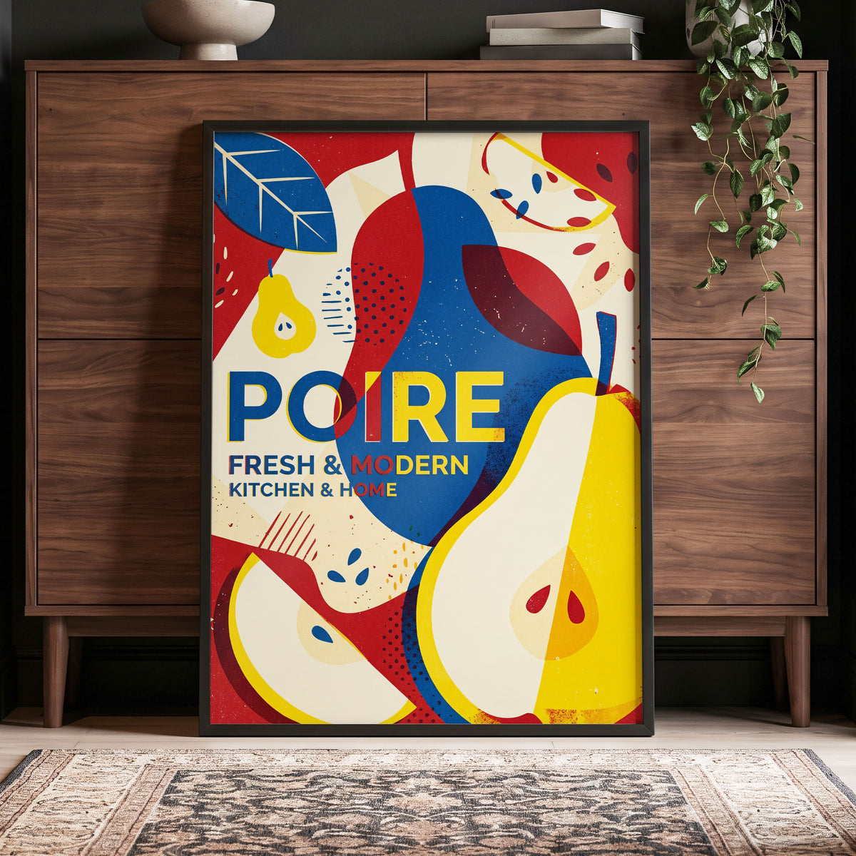 Modernist Pears, red, blue, yellow nature wall art displayed in a styled interior, gallery view 5