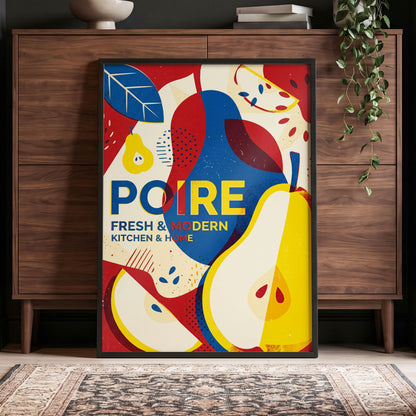 Modernist Pears, red, blue, yellow nature wall art displayed in a styled interior, gallery view 5