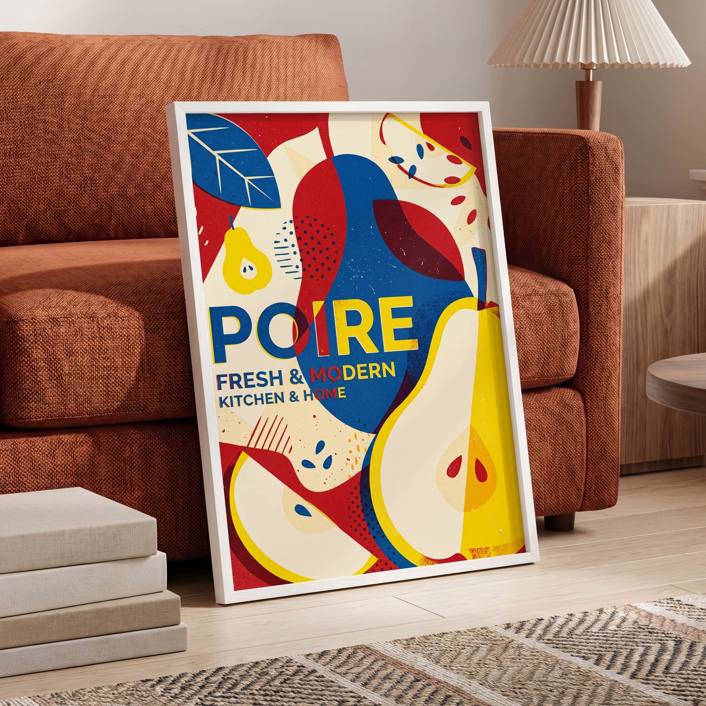 Modernist Pears, red, blue, yellow nature wall art displayed in a styled interior, gallery view 6