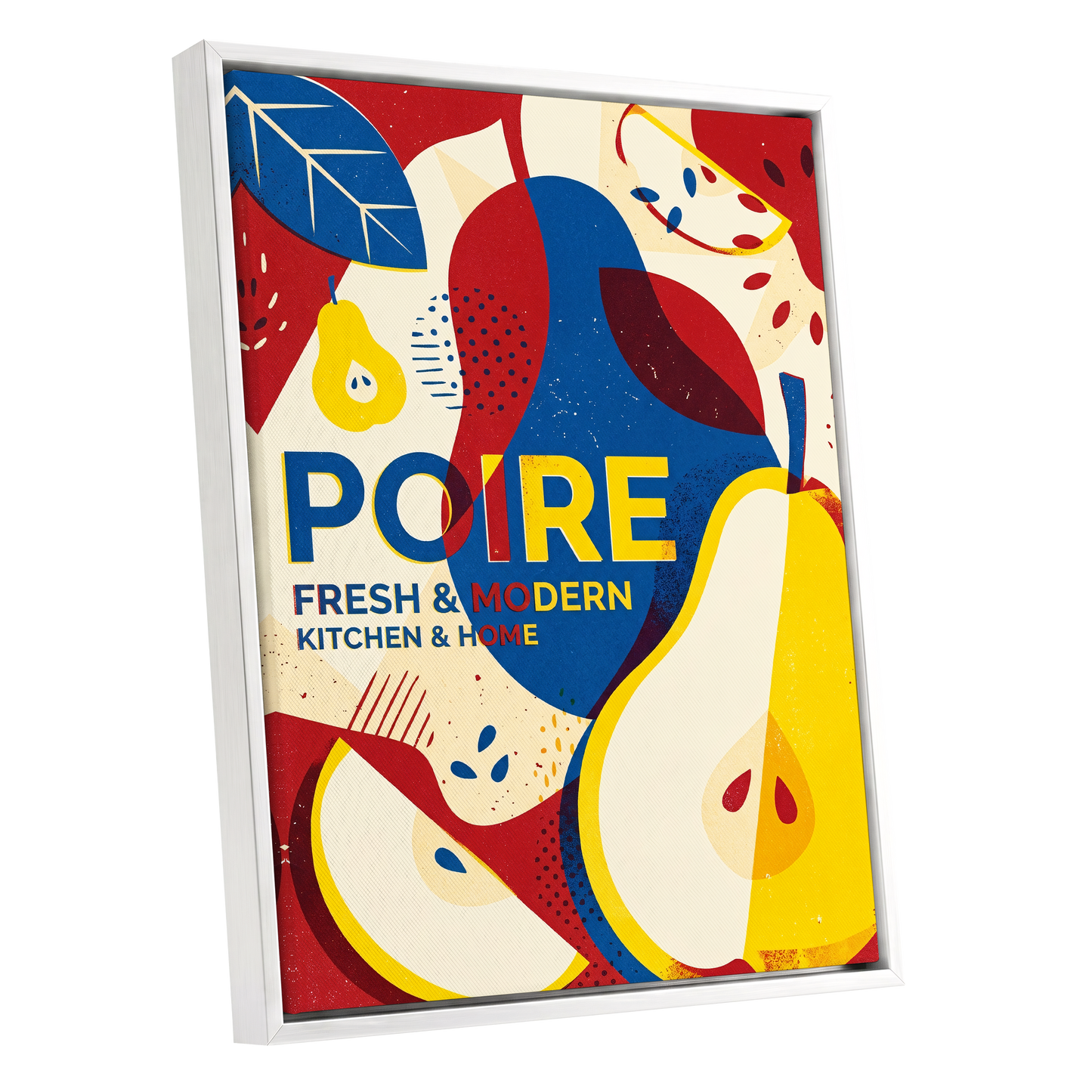 Modernist Pears, red, blue, yellow nature wall art shown as a white framed canvas wall art