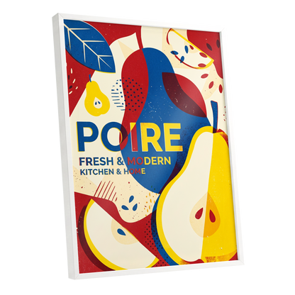 Modernist Pears, red, blue, yellow nature wall art shown as a white framed poster wall art print