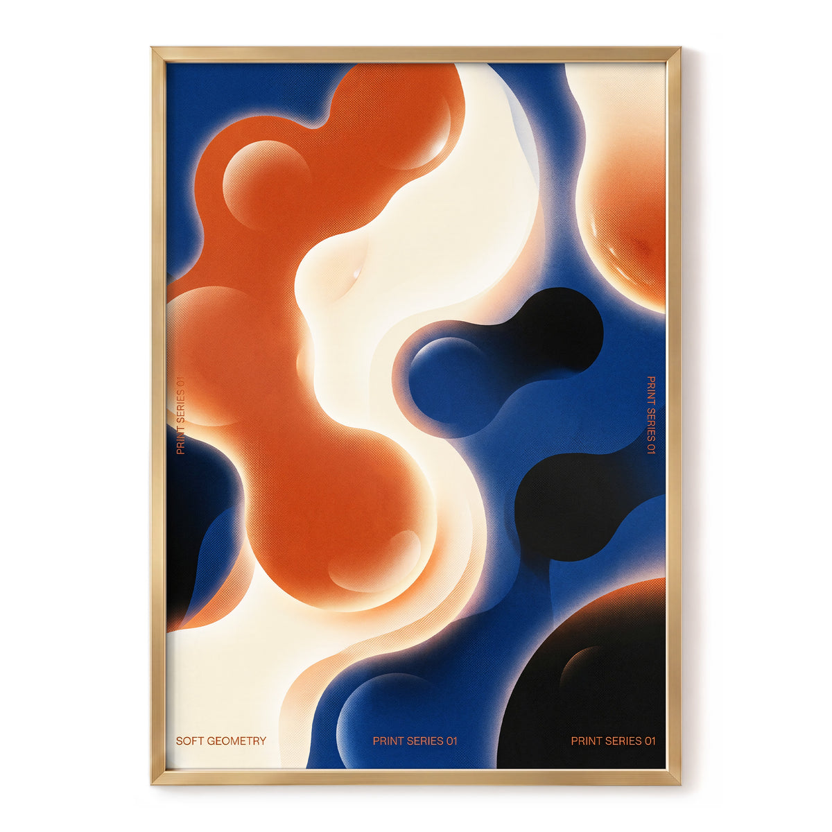 Molten Orbit, blue, orange, beige abstract wall art, front artwork view