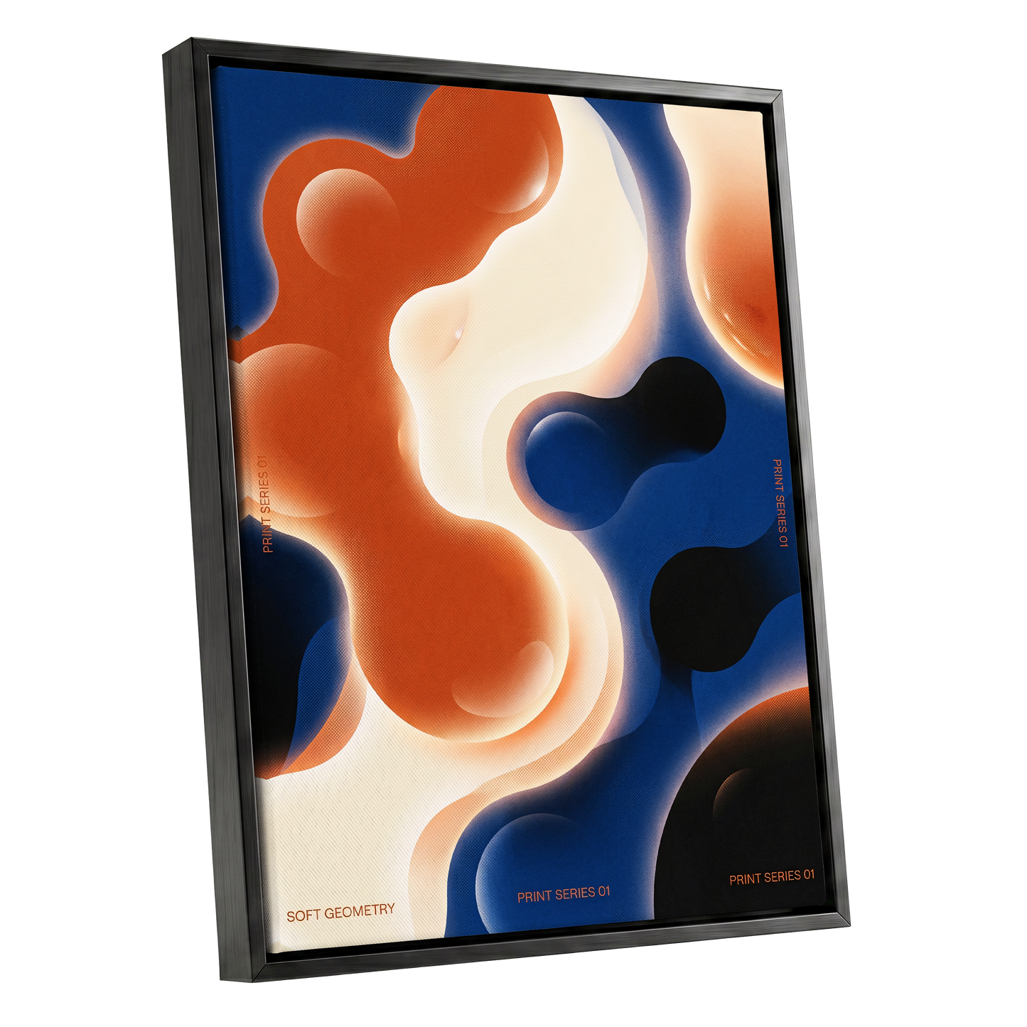 Molten Orbit, blue, orange, beige abstract wall art shown as a black framed canvas wall art