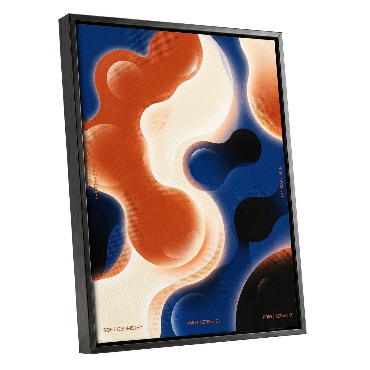 Molten Orbit, blue, orange, beige abstract wall art shown as a black framed canvas wall art