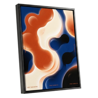 Molten Orbit, blue, orange, beige abstract wall art shown as a black framed canvas wall art