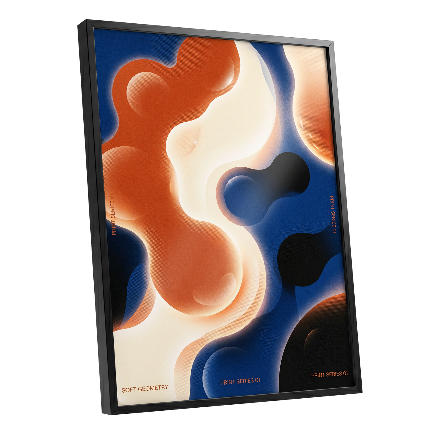 Molten Orbit, blue, orange, beige abstract wall art shown as a black framed poster wall art print