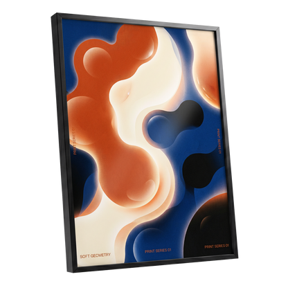 Molten Orbit, blue, orange, beige abstract wall art shown as a black framed poster wall art print