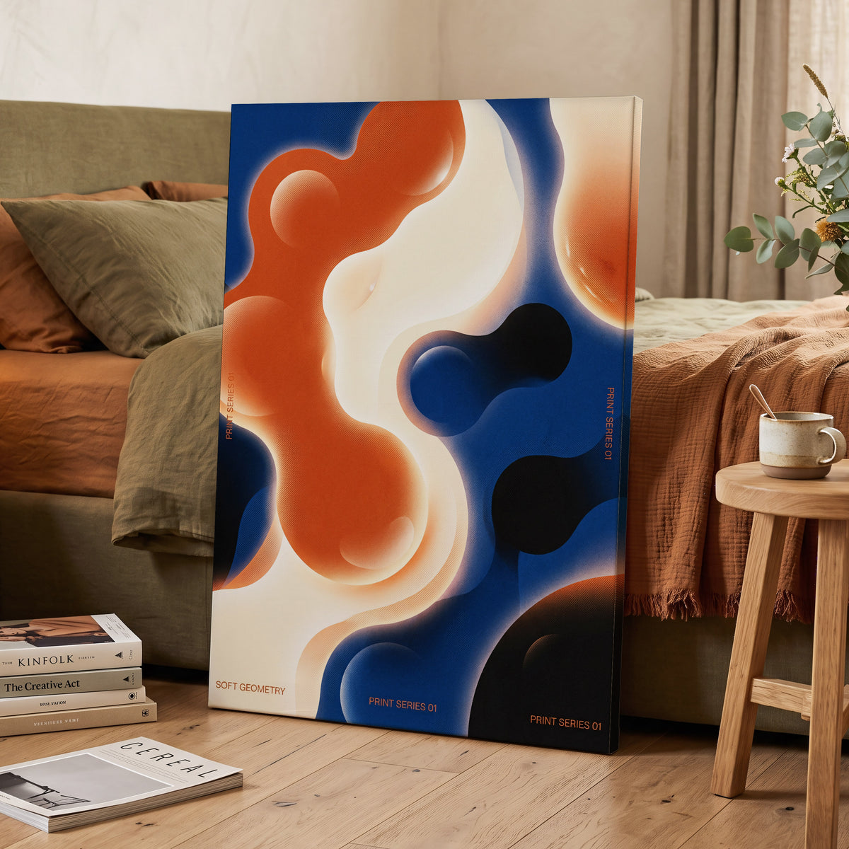Molten Orbit, blue, orange, beige abstract wall art on canvas displayed in a styled interior, gallery view 2