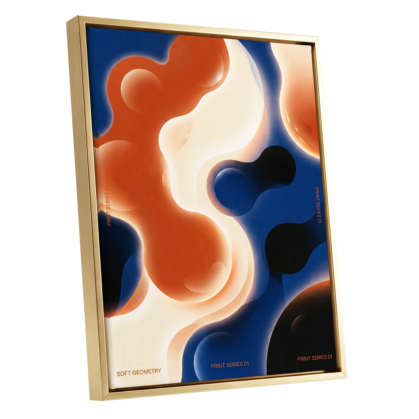 Molten Orbit, blue, orange, beige abstract wall art shown as a gold framed canvas wall art