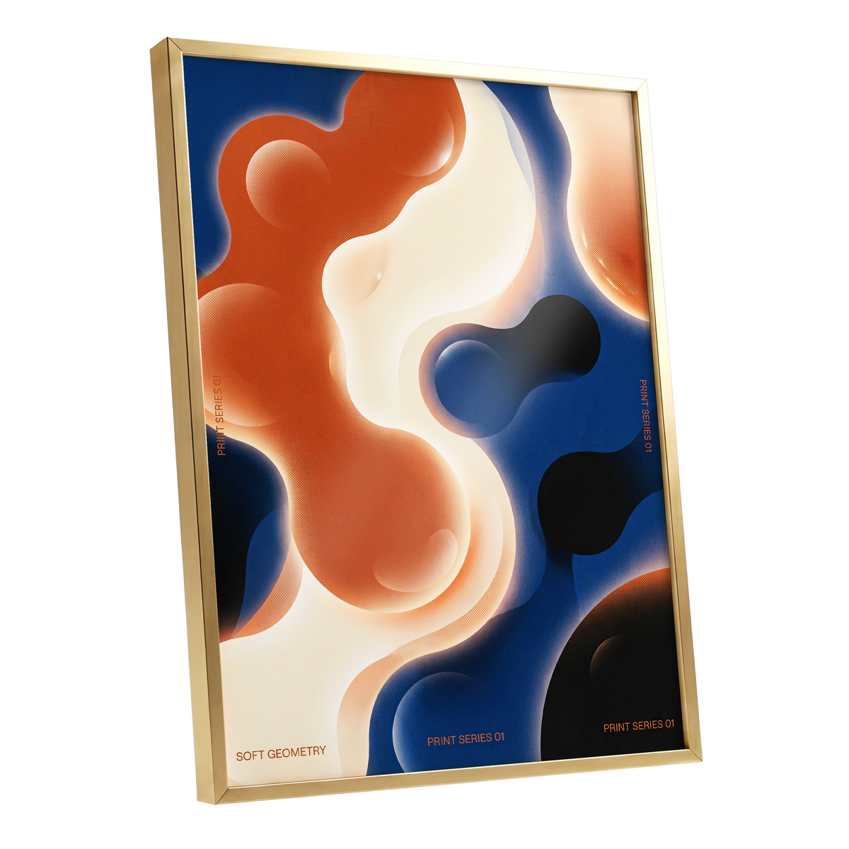 Molten Orbit, blue, orange, beige abstract wall art shown as a gold framed poster wall art print
