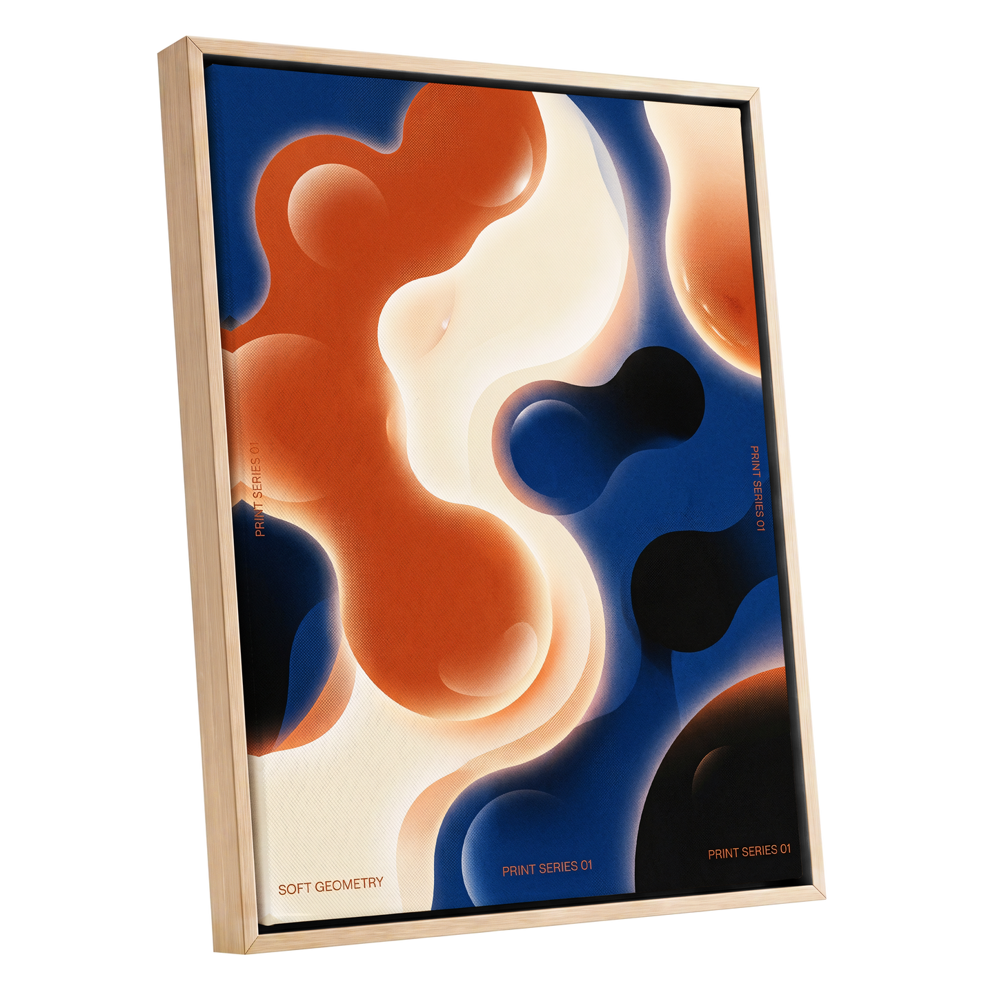 Molten Orbit, blue, orange, beige abstract wall art shown as a oak framed canvas wall art