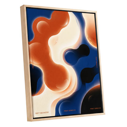 Molten Orbit, blue, orange, beige abstract wall art shown as a oak framed canvas wall art