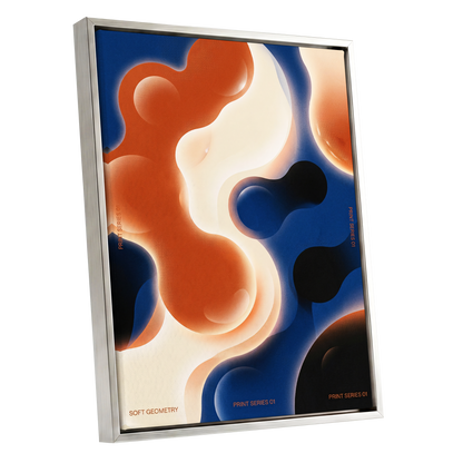 Molten Orbit, blue, orange, beige abstract wall art shown as a silver framed canvas wall art