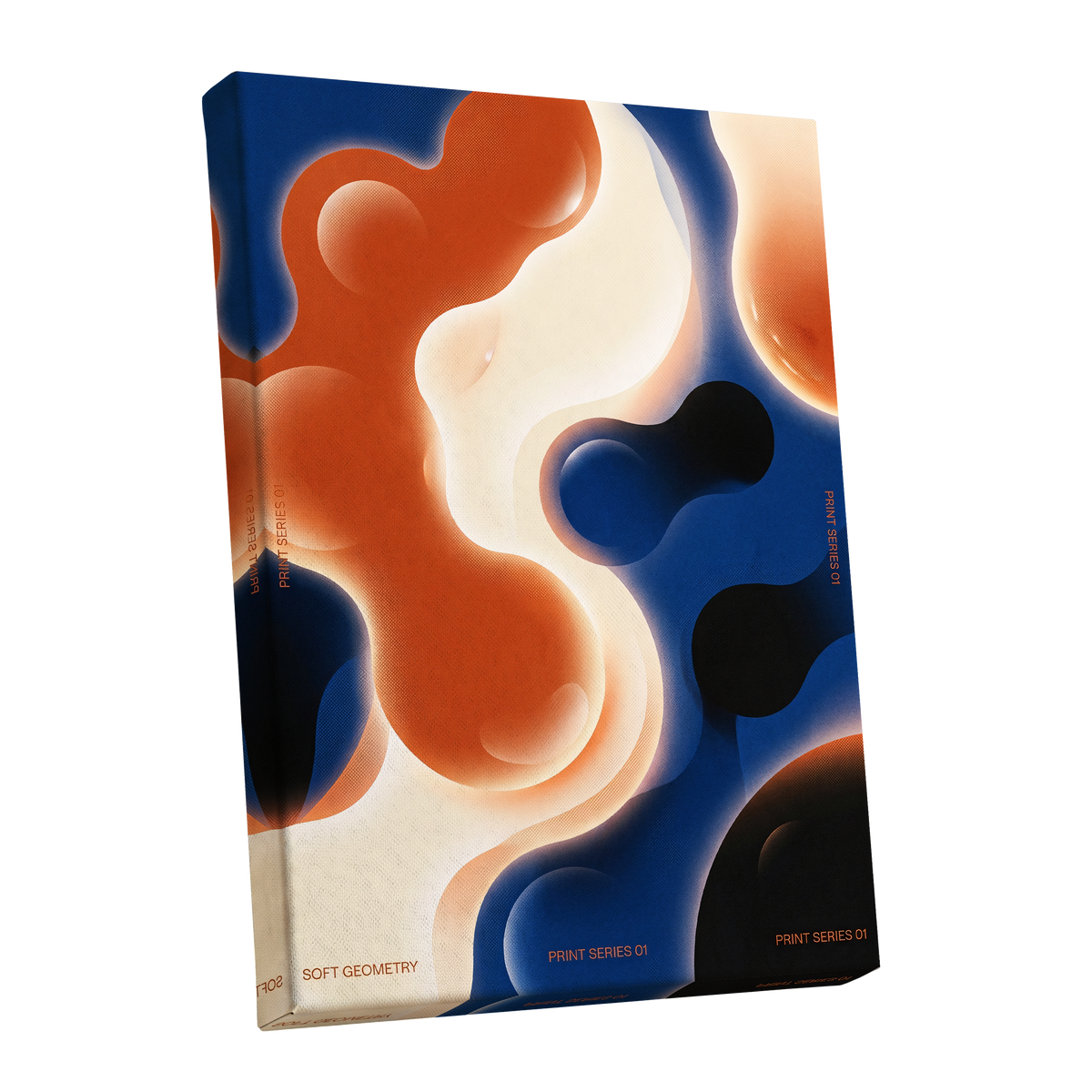 Molten Orbit, blue, orange, beige abstract wall art shown as a stretched canvas wall art