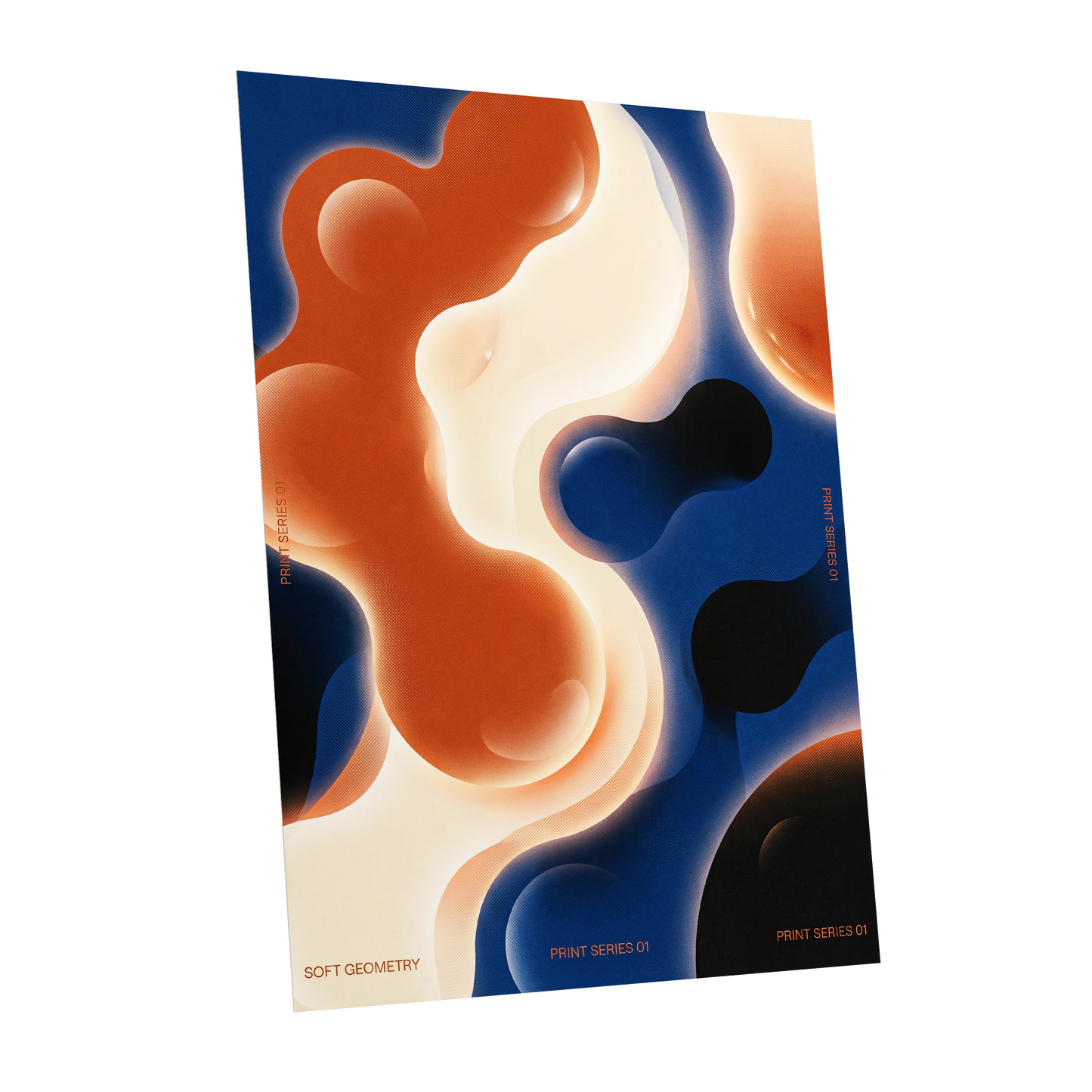 Molten Orbit, blue, orange, beige abstract wall art shown as a unframed poster wall art print