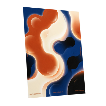 Molten Orbit, blue, orange, beige abstract wall art shown as a unframed poster wall art print