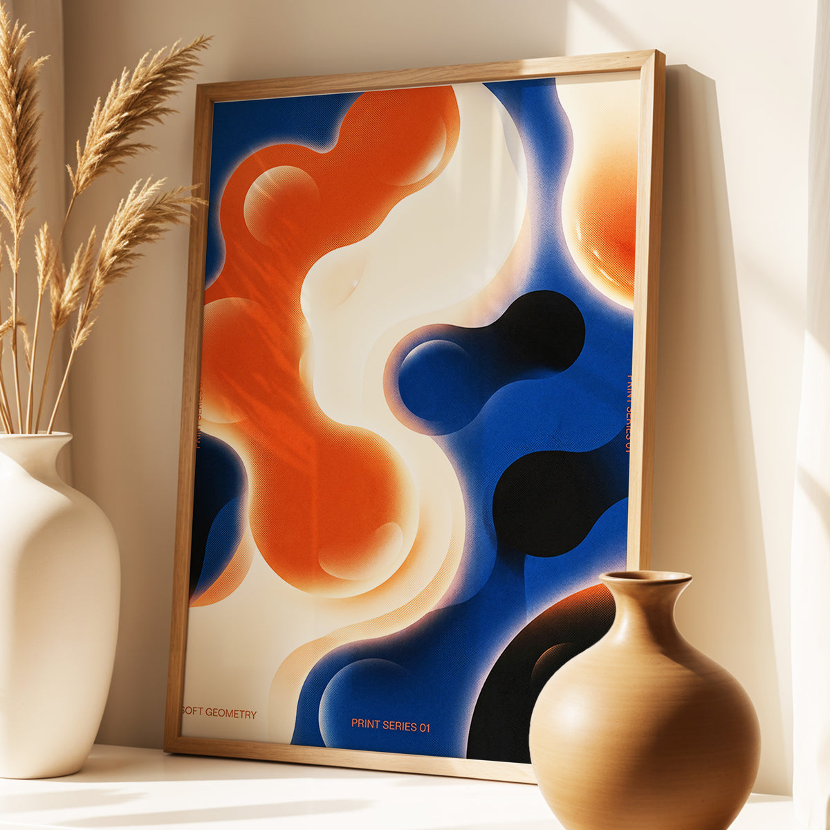 Molten Orbit, blue, orange, beige abstract wall art displayed in a styled interior, gallery view 1