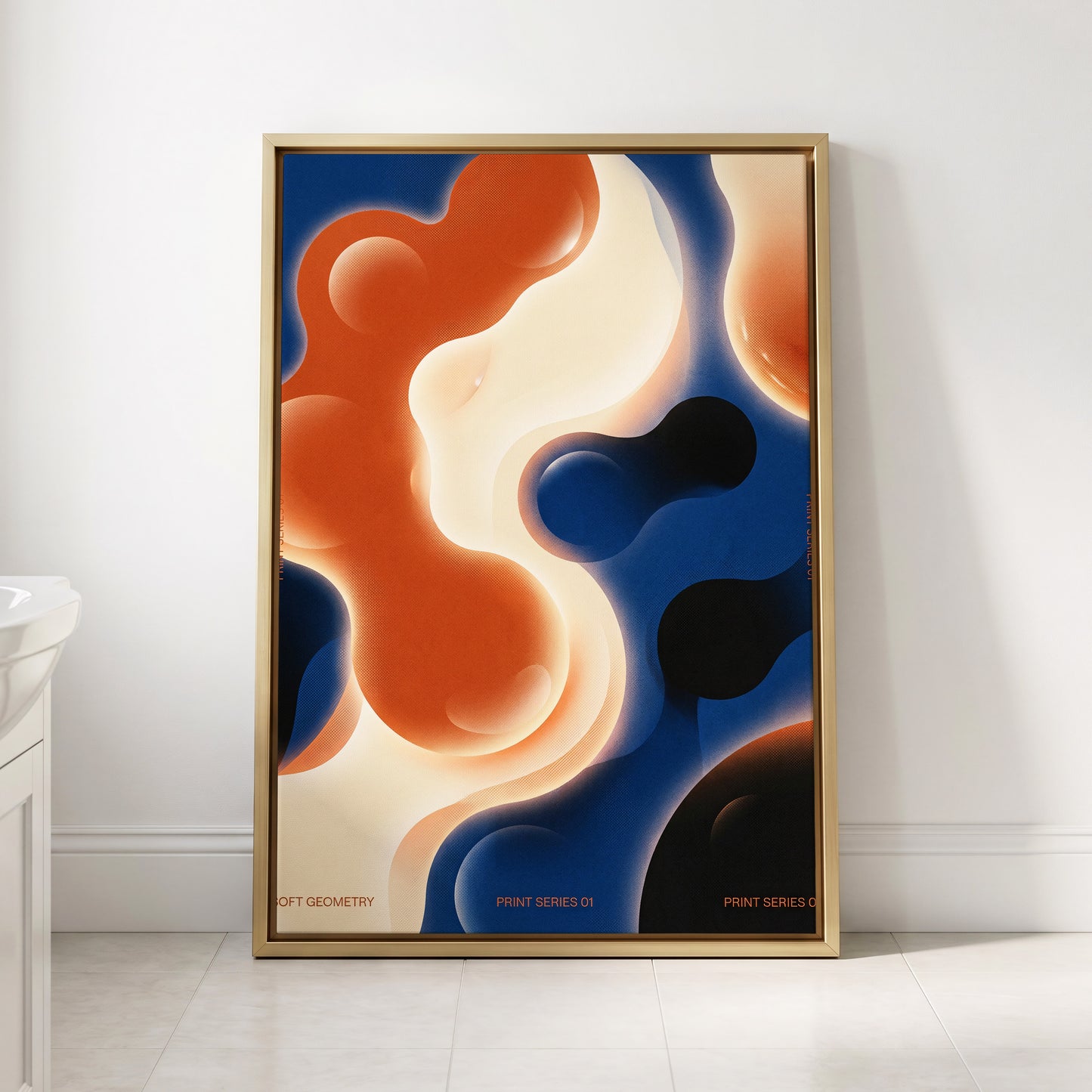 Molten Orbit, blue, orange, beige abstract wall art displayed in a styled interior, gallery view 2