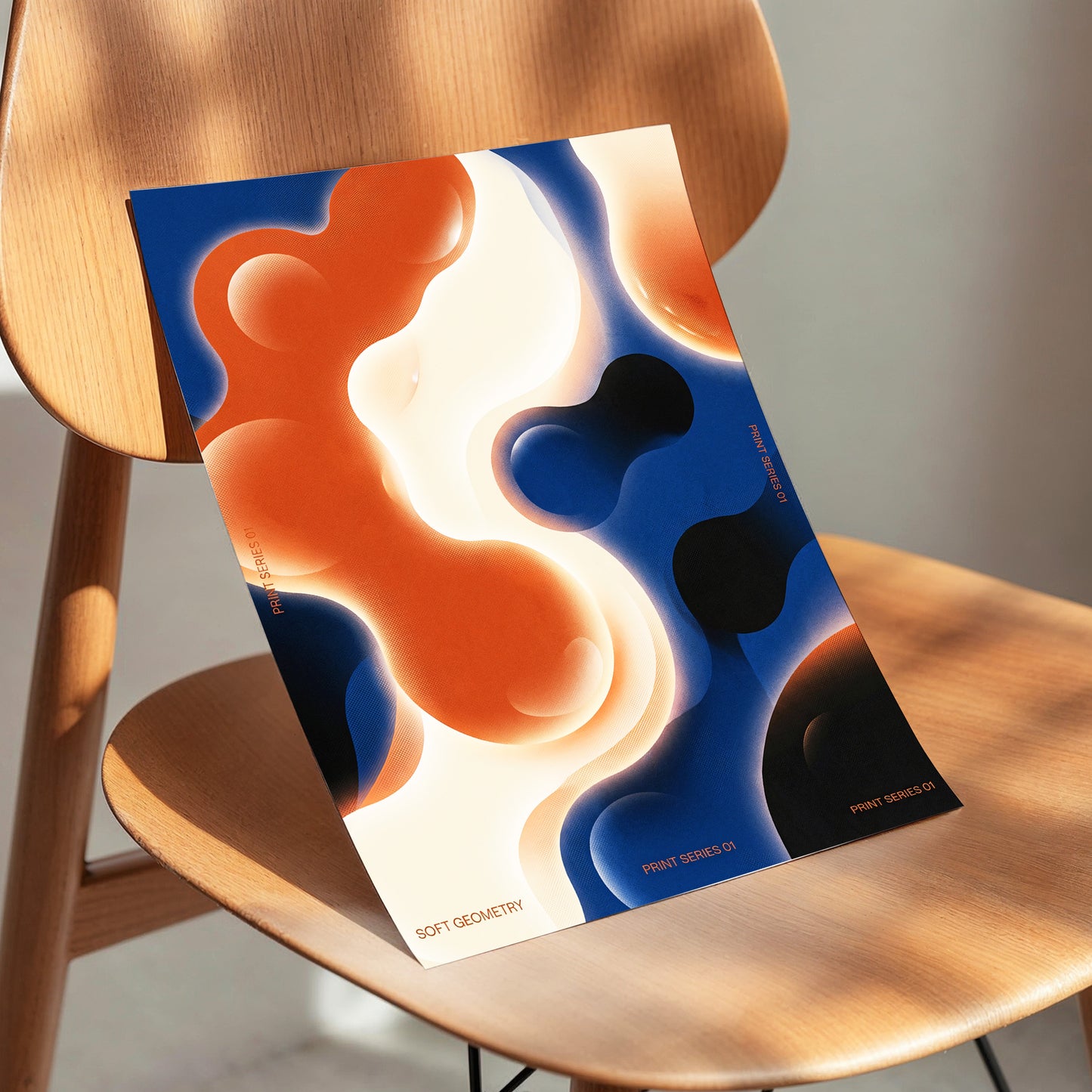 Molten Orbit, blue, orange, beige abstract wall art displayed in a styled interior, gallery view 3