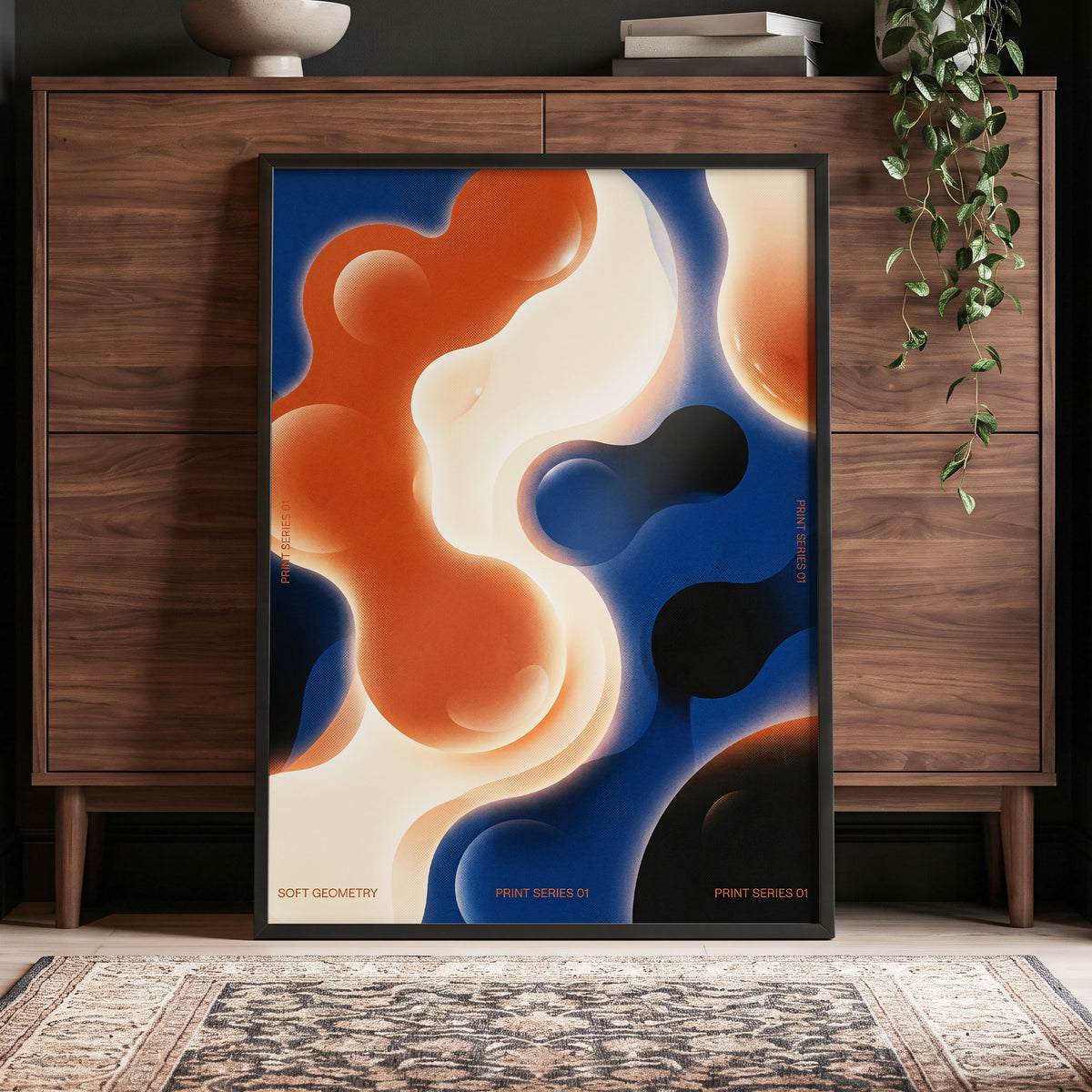 Molten Orbit, blue, orange, beige abstract wall art displayed in a styled interior, gallery view 4