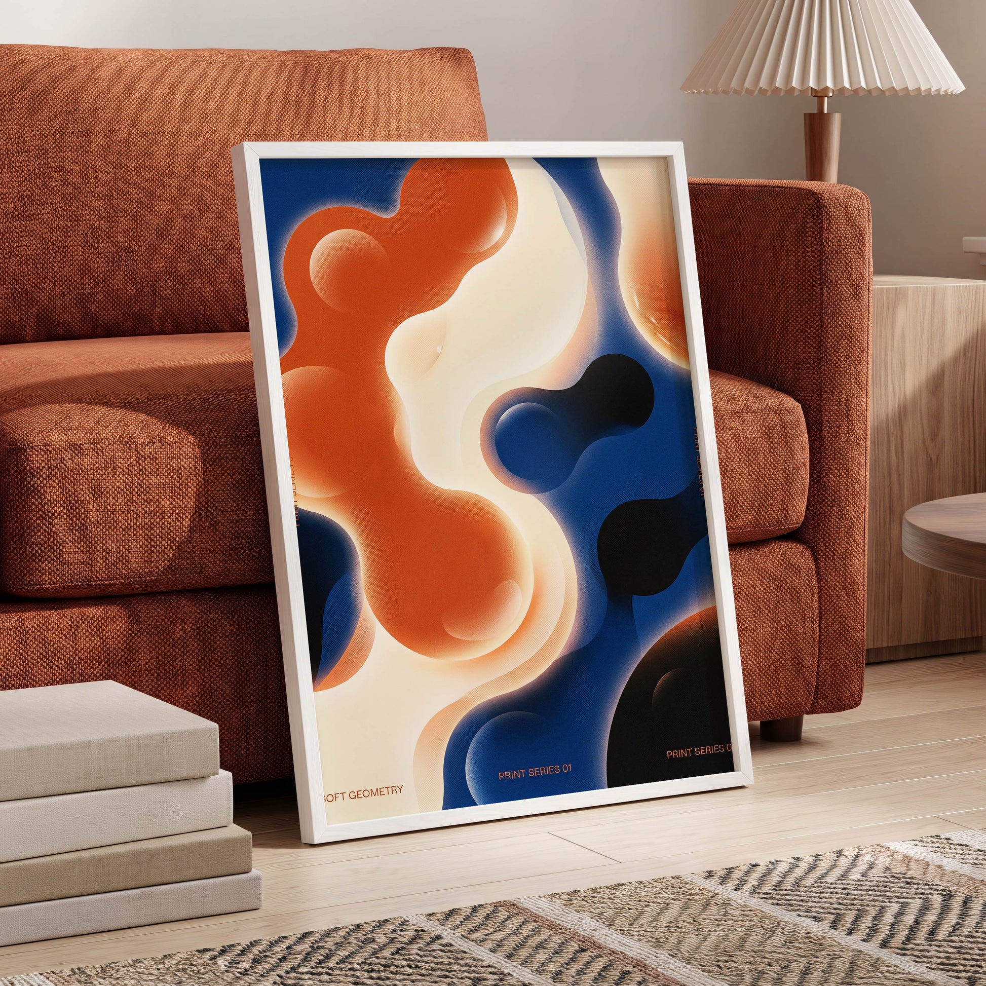 Molten Orbit, blue, orange, beige abstract wall art displayed in a styled interior, gallery view 5