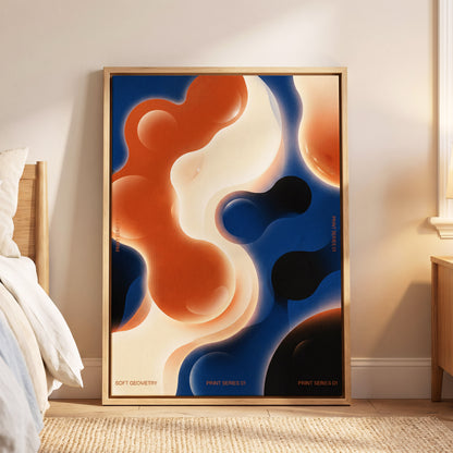 Molten Orbit, blue, orange, beige abstract wall art displayed in a styled interior, gallery view 6