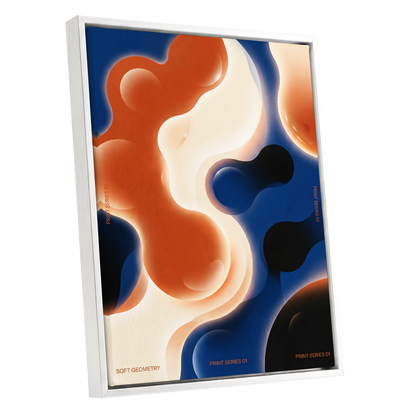 Molten Orbit, blue, orange, beige abstract wall art shown as a white framed canvas wall art
