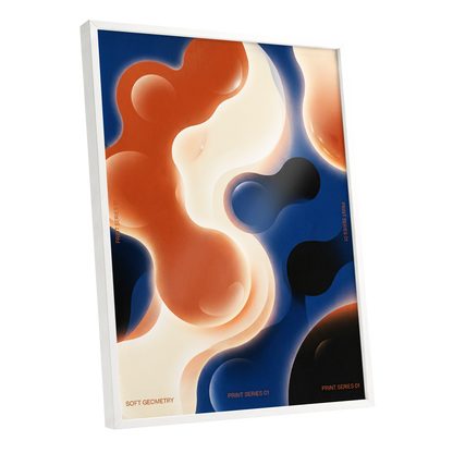 Molten Orbit, blue, orange, beige abstract wall art shown as a white framed poster wall art print