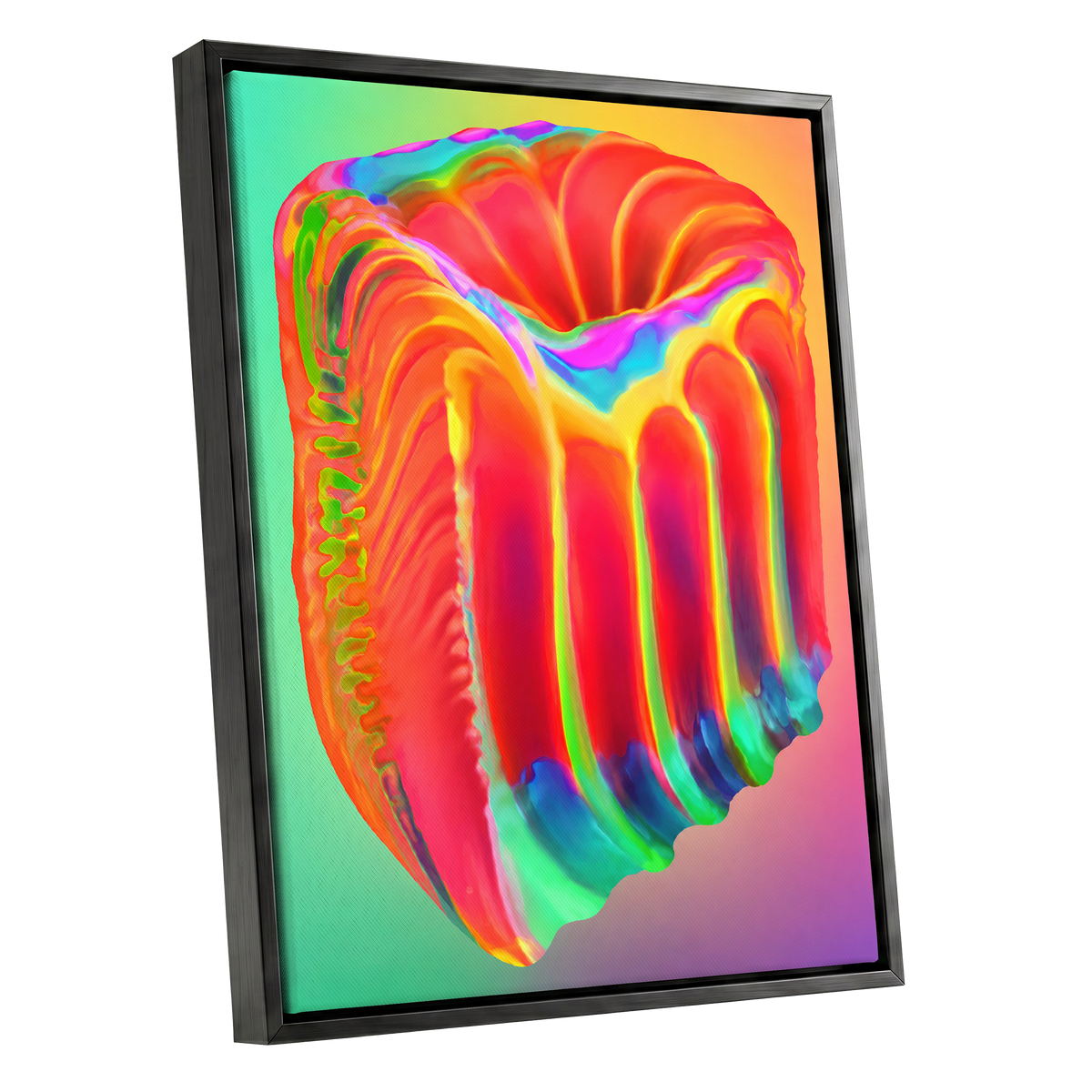 Molten Spectrum, red, orange, yellow abstract wall art shown as a black framed canvas wall art