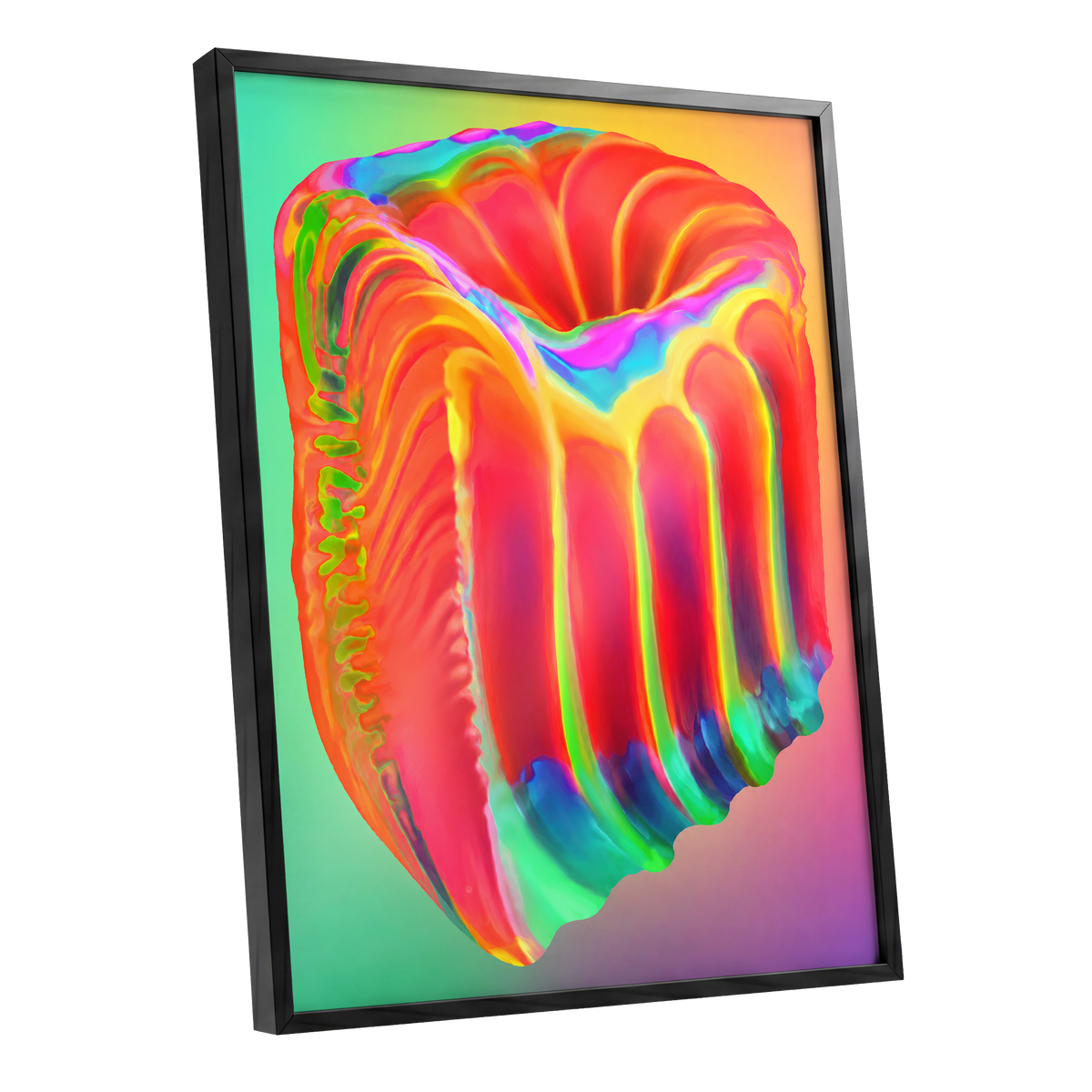 Molten Spectrum, red, orange, yellow abstract wall art shown as a black framed poster wall art print