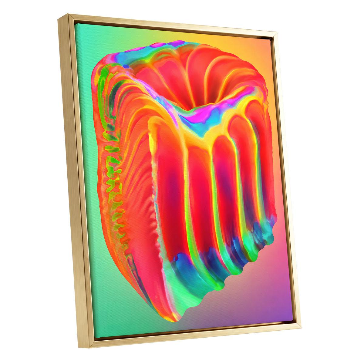 Molten Spectrum, red, orange, yellow abstract wall art shown as a gold framed canvas wall art