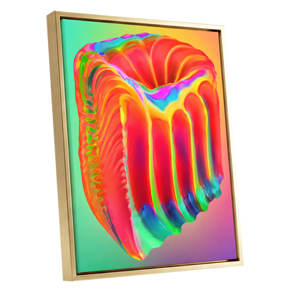 Molten Spectrum, red, orange, yellow abstract wall art shown as a gold framed canvas wall art