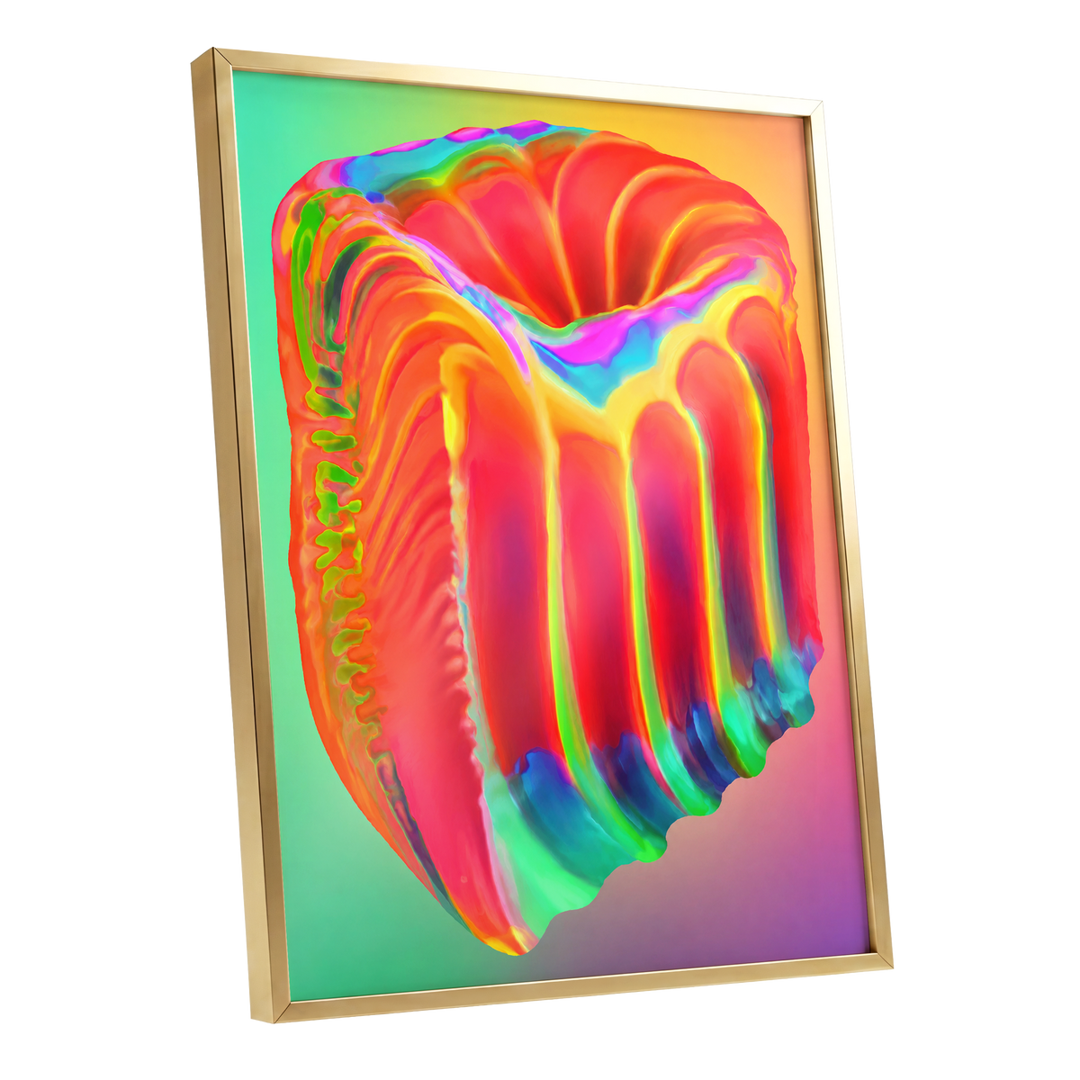 Molten Spectrum, red, orange, yellow abstract wall art shown as a gold framed poster wall art print