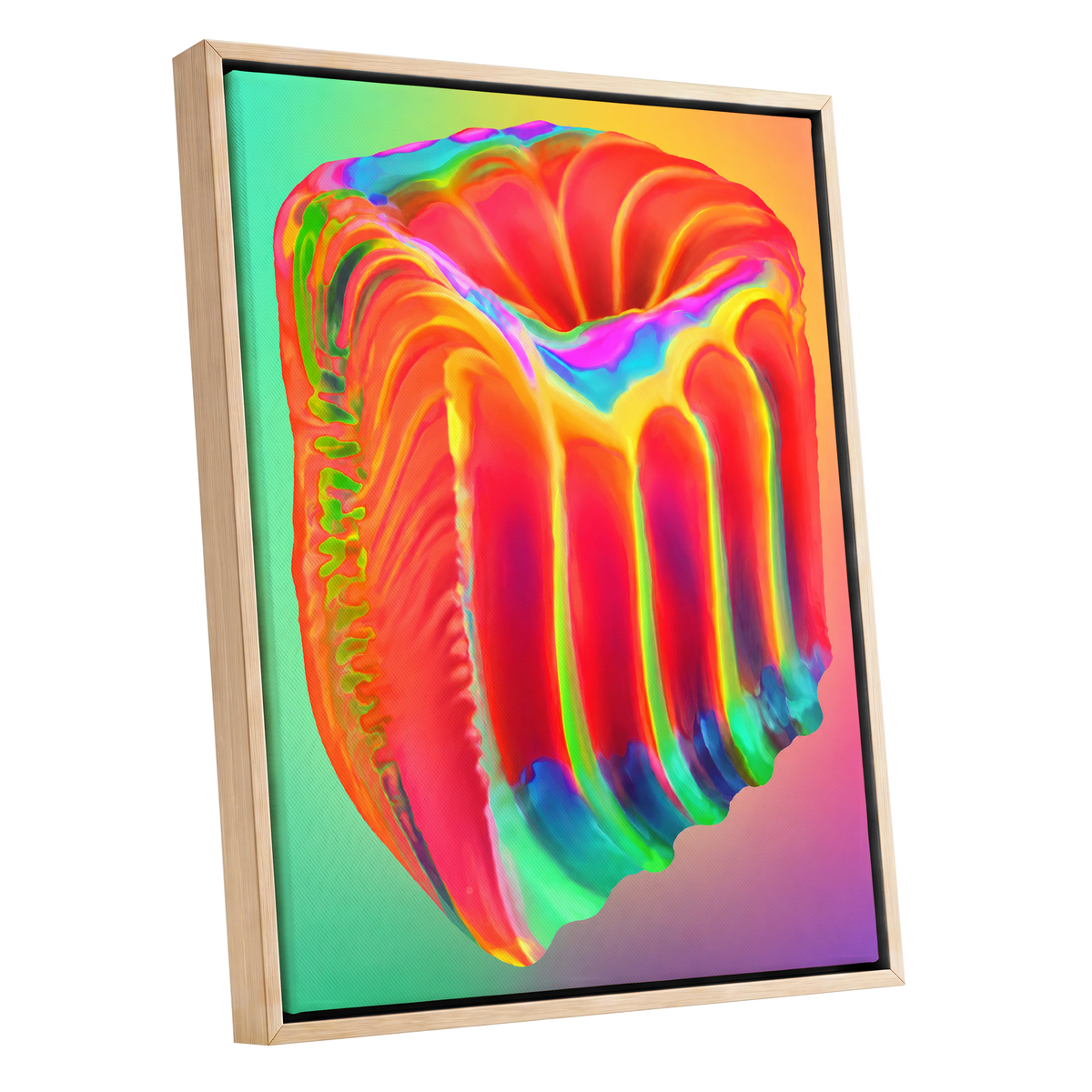 Molten Spectrum, red, orange, yellow abstract wall art shown as a oak framed canvas wall art